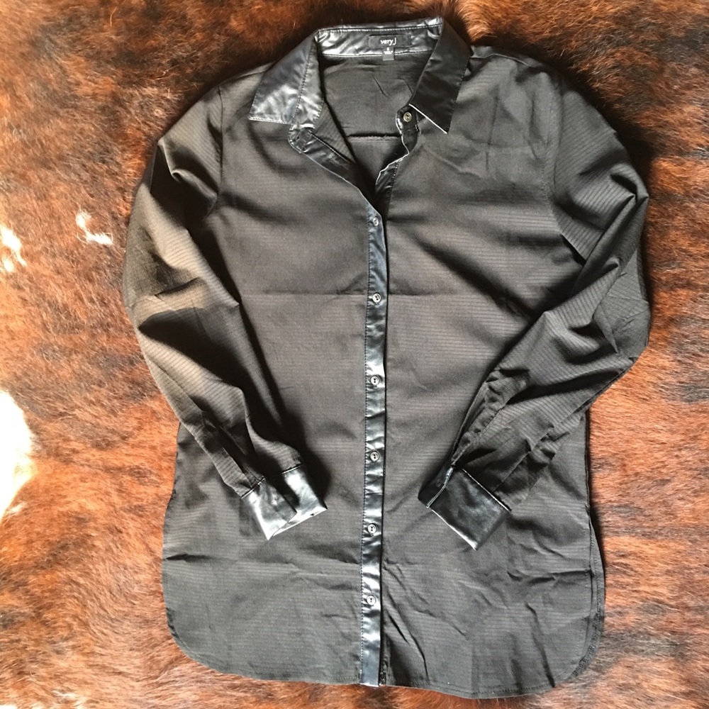 Black button up blouse with faux leather trim